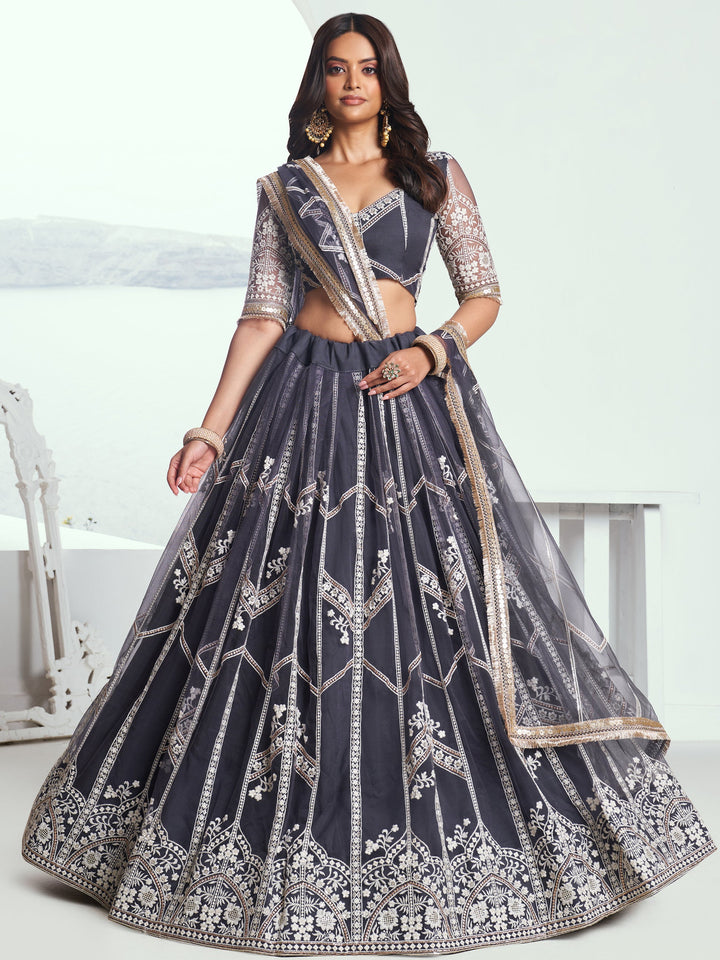 Dark Grey Embroidered Net Reception Wear Lehenga Choli
