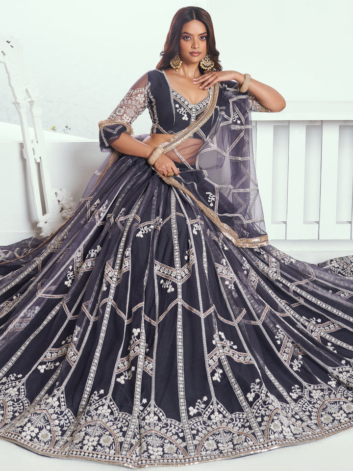 Dark Grey Embroidered Net Reception Wear Lehenga Choli