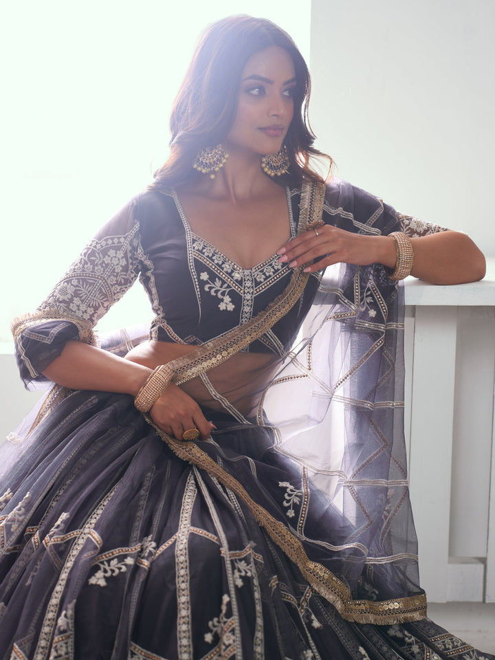 Dark Grey Embroidered Net Reception Wear Lehenga Choli