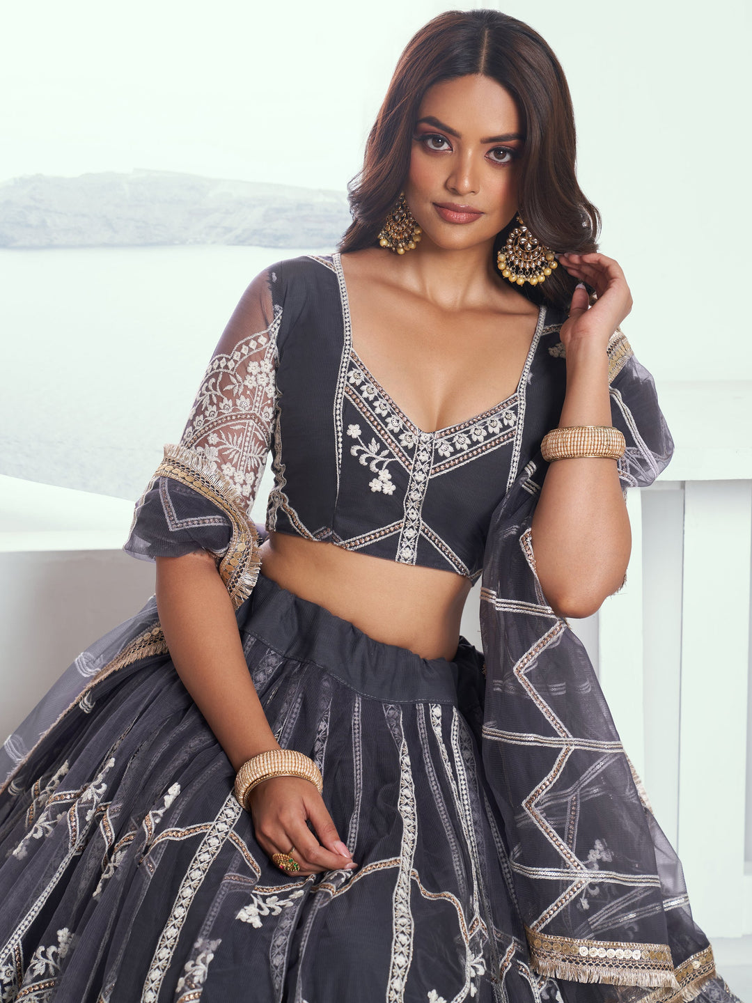 Dark Grey Embroidered Net Reception Wear Lehenga Choli