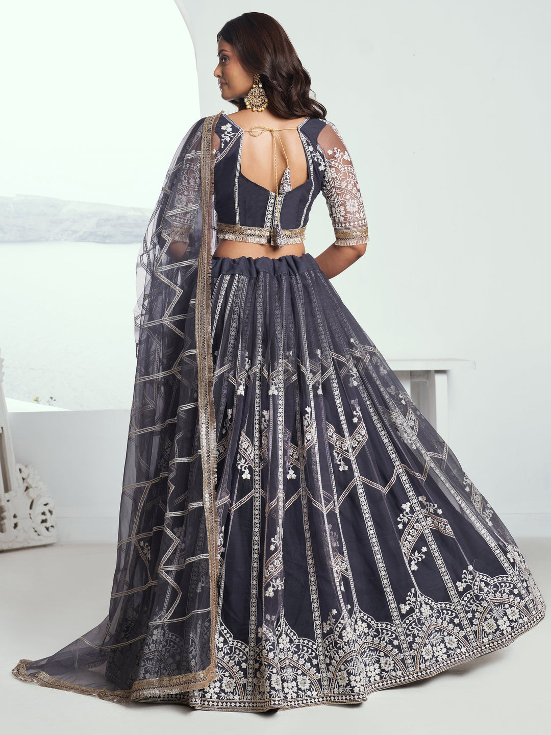 Dark Grey Embroidered Net Reception Wear Lehenga Choli