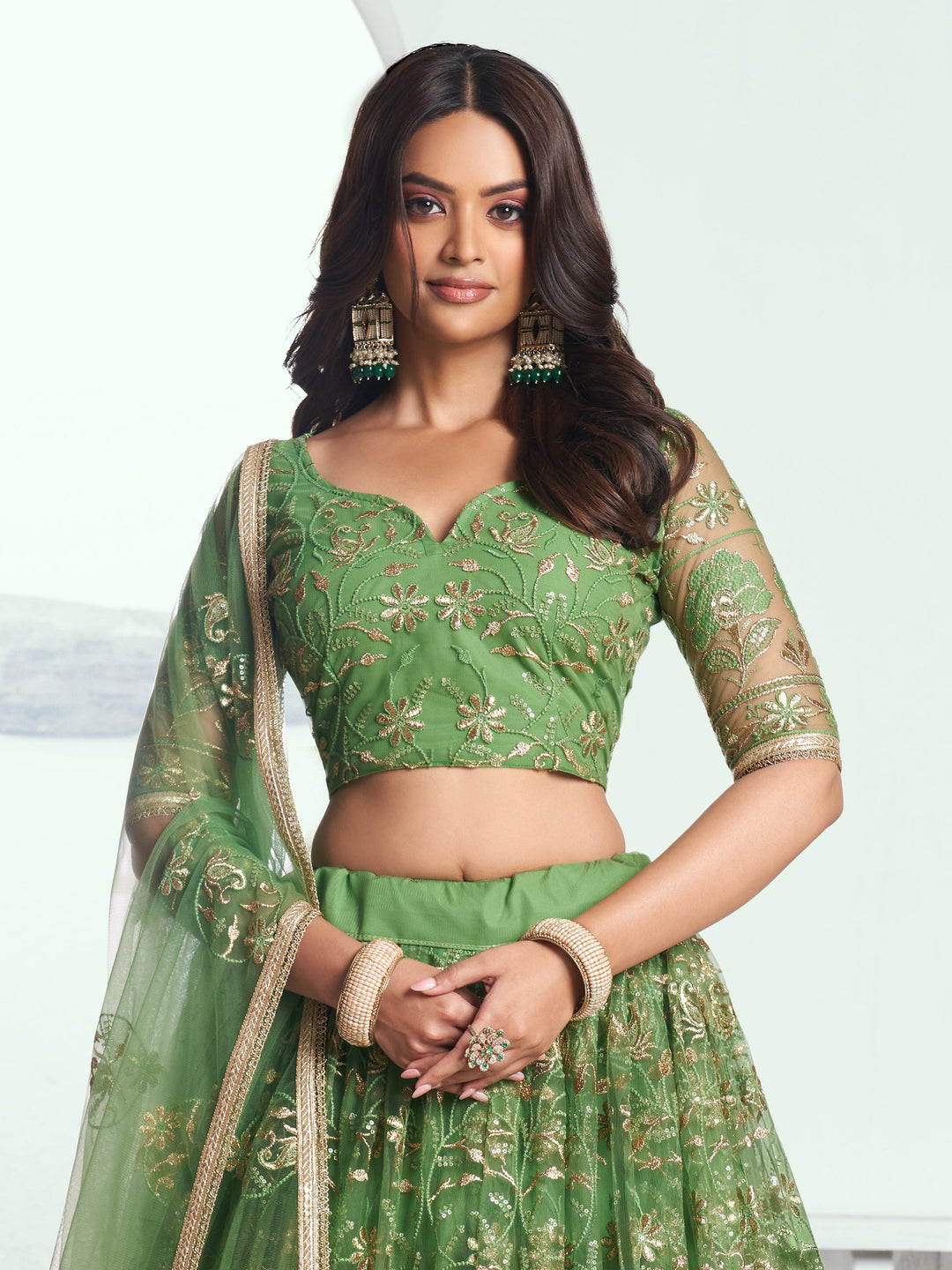 Green Sequins Net Mehendi Wear Lehenga Choli With Dupatta