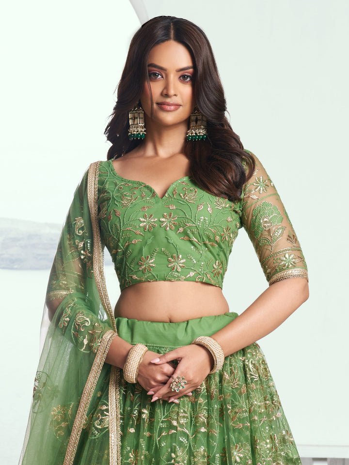 Green Sequins Net Mehendi Wear Lehenga Choli With Dupatta