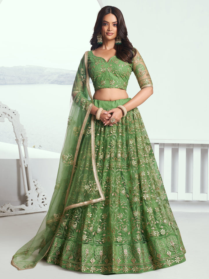 Green Sequins Net Mehendi Wear Lehenga Choli With Dupatta