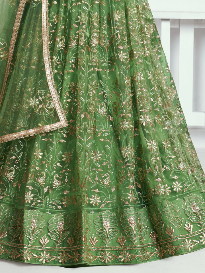 Green Sequins Net Mehendi Wear Lehenga Choli With Dupatta
