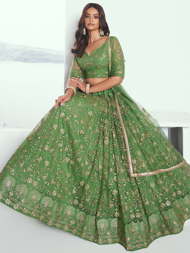 Green Sequins Net Mehendi Wear Lehenga Choli With Dupatta