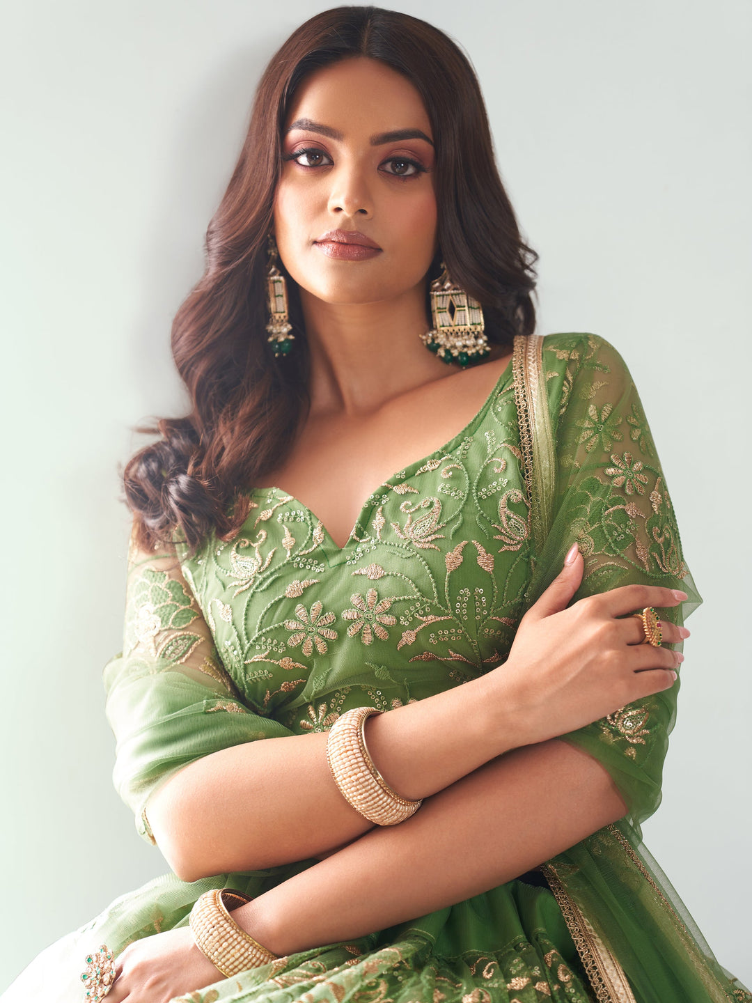 Green Sequins Net Mehendi Wear Lehenga Choli With Dupatta