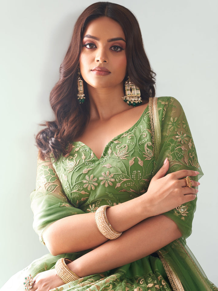 Green Sequins Net Mehendi Wear Lehenga Choli With Dupatta