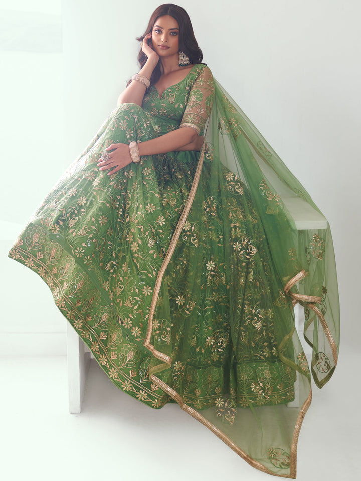 Green Sequins Net Mehendi Wear Lehenga Choli With Dupatta