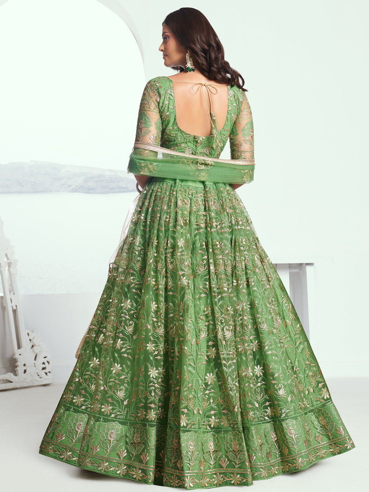 Green Sequins Net Mehendi Wear Lehenga Choli With Dupatta