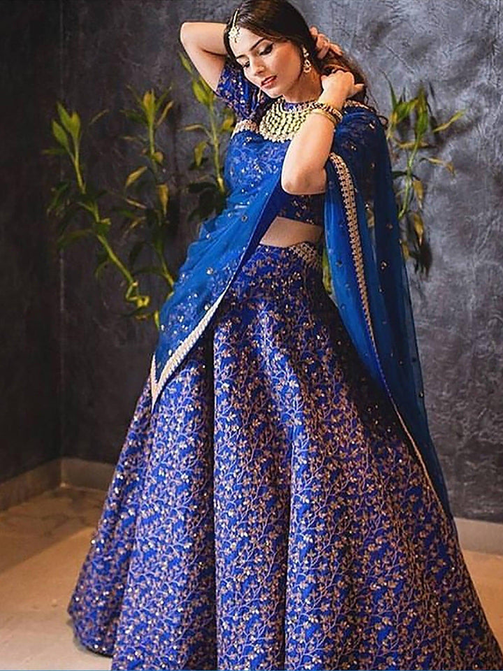 Blue Colored Designer Heavy Embroidered Raw Silk Lehenga