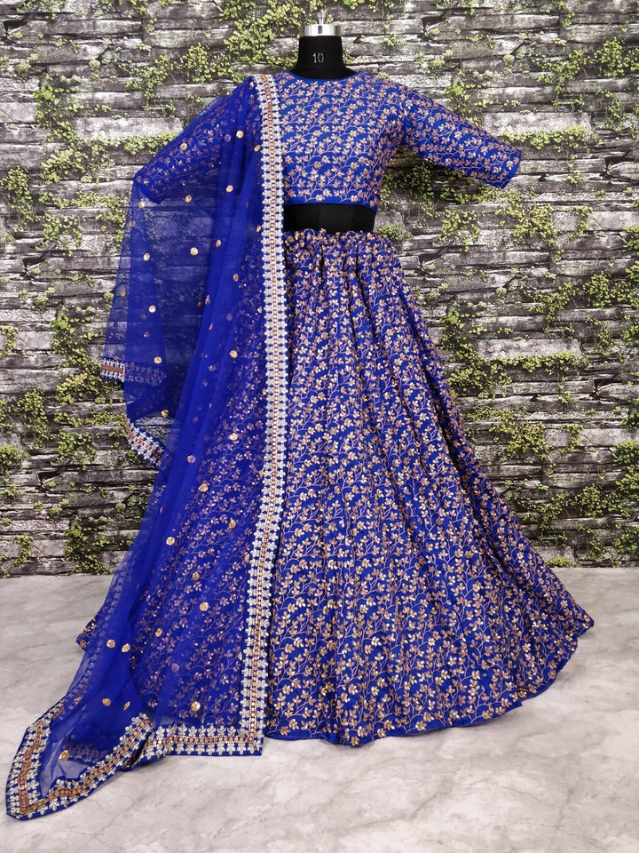 Blue Colored Designer Heavy Embroidered Raw Silk Lehenga