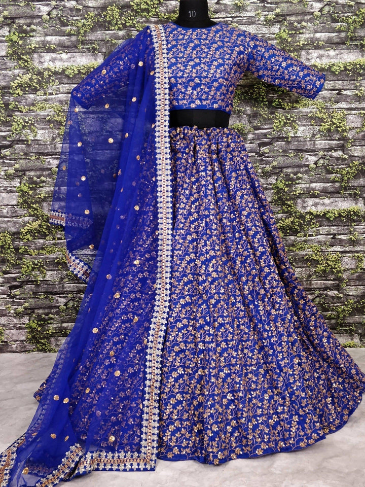 Blue Colored Designer Heavy Embroidered Raw Silk Lehenga
