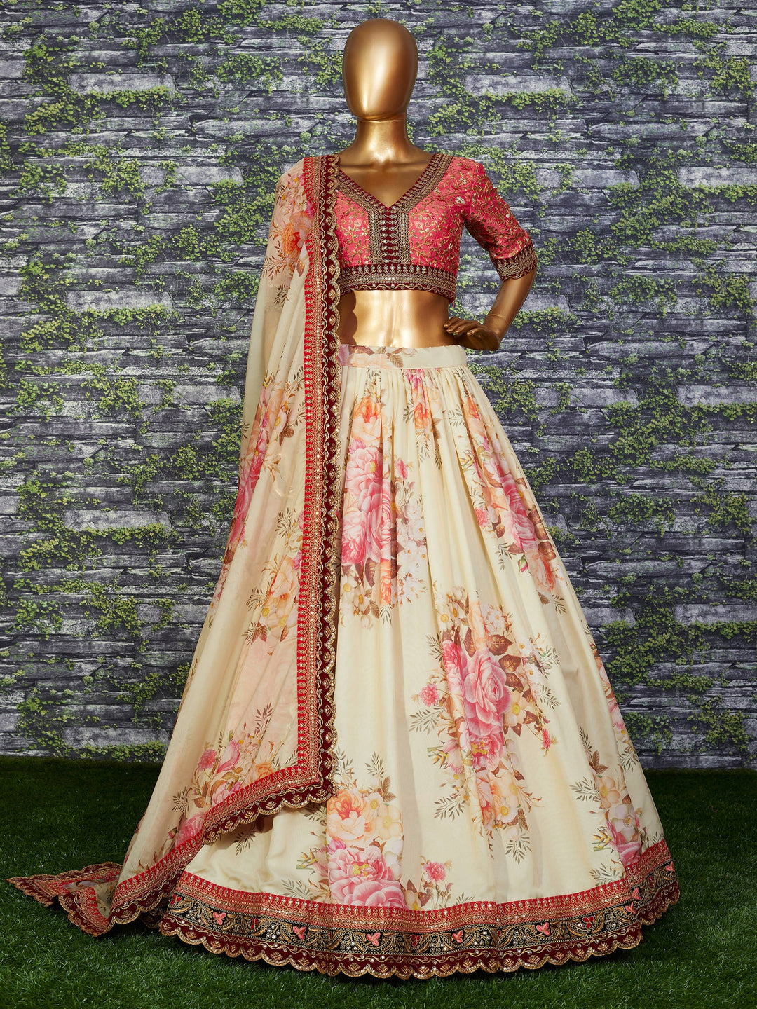 Off White Floral Printed Organza Wedding Wear Lehenga Choli