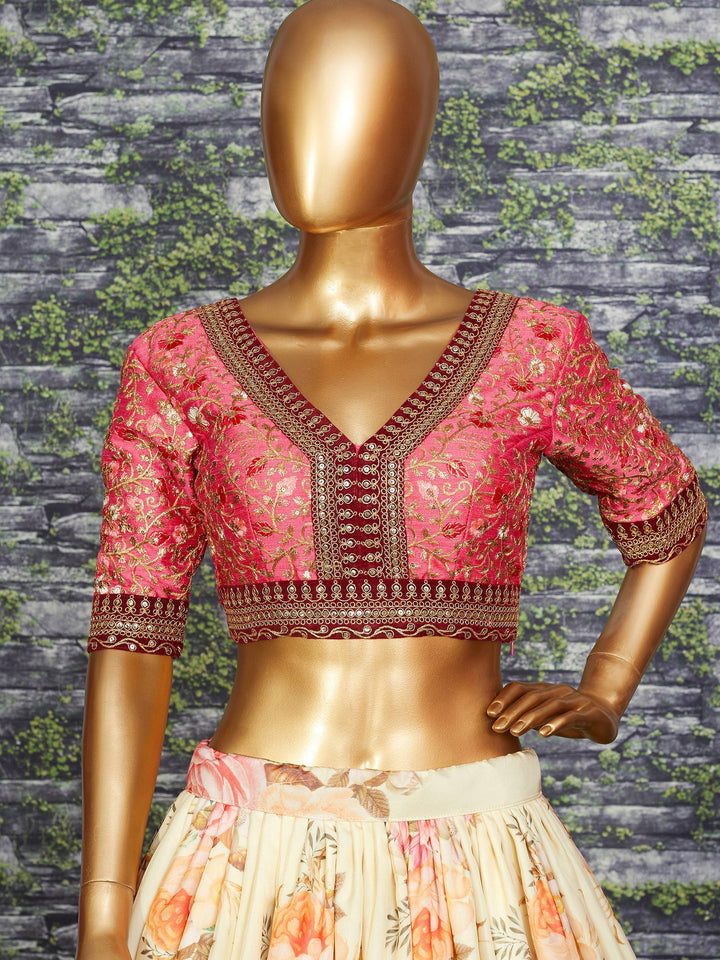 Off White Floral Printed Organza Wedding Wear Lehenga Choli