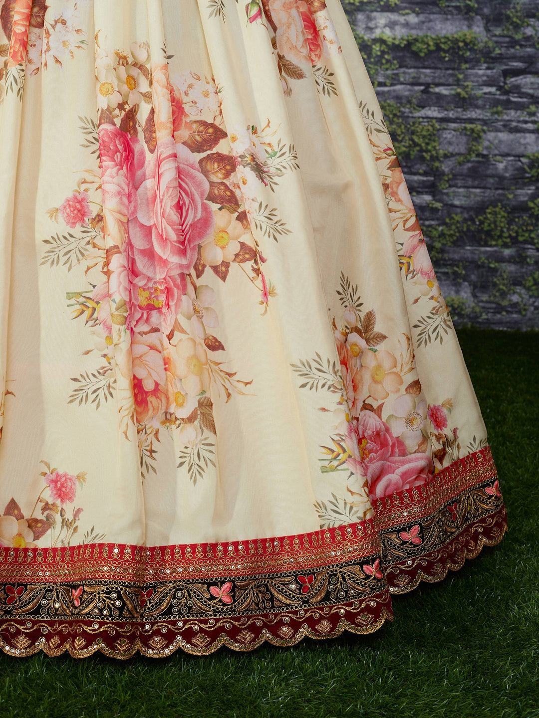 Off White Floral Printed Organza Wedding Wear Lehenga Choli
