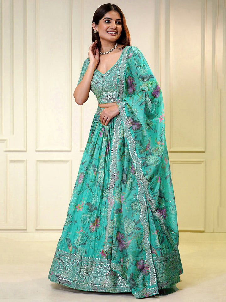 Turquoise Sequins Organza Wedding Wear Lehenga Choli