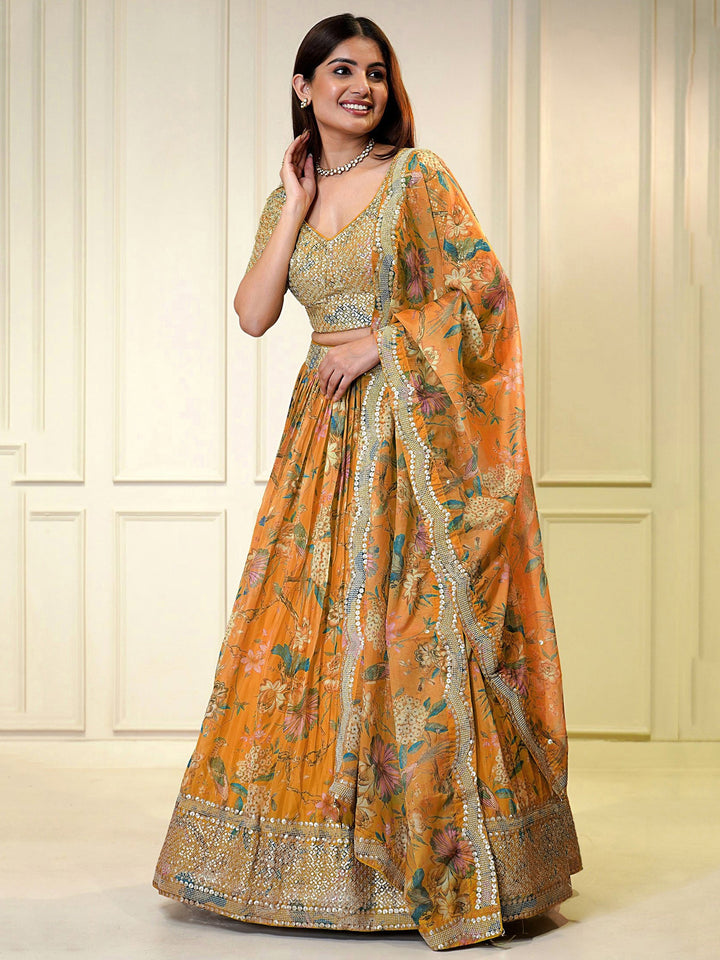 Orange Printed Organza Festival Wear Lehenga Choli