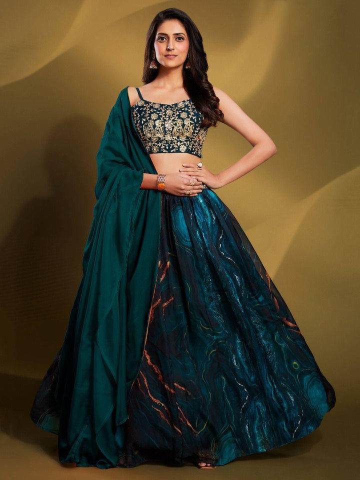 Teal Blue Sequins Organza Party Wear Lehenga Choli