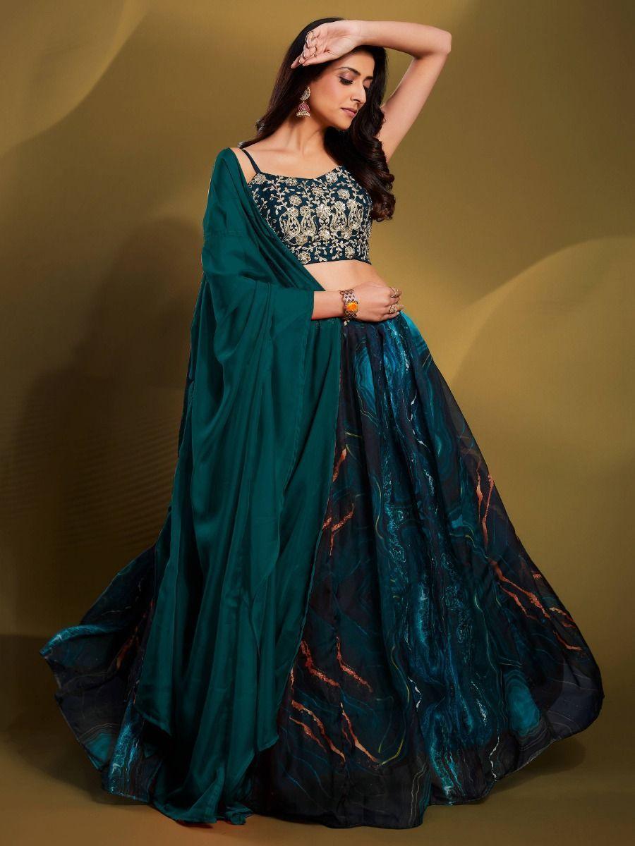 Teal Blue Sequins Organza Party Wear Lehenga Choli