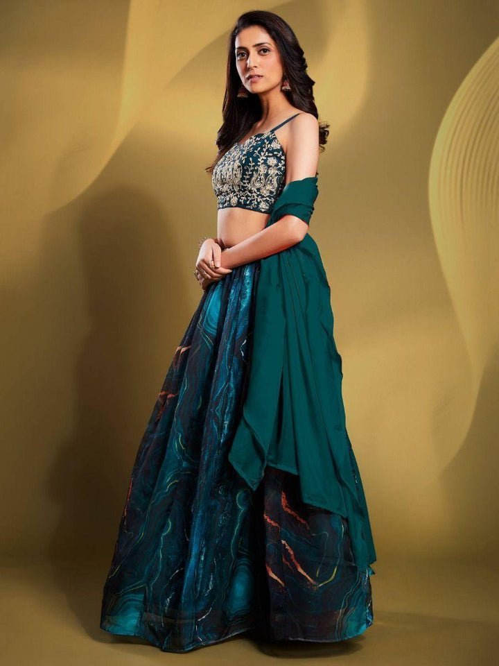Teal Blue Sequins Organza Party Wear Lehenga Choli