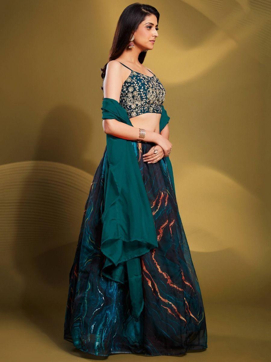 Teal Blue Sequins Organza Party Wear Lehenga Choli