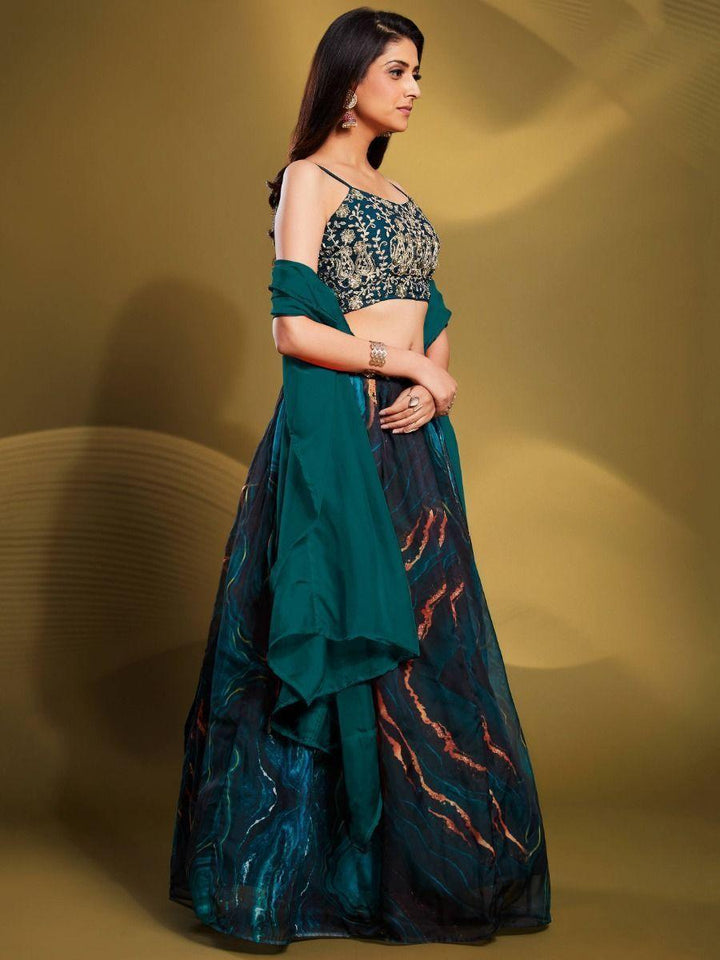 Teal Blue Sequins Organza Party Wear Lehenga Choli