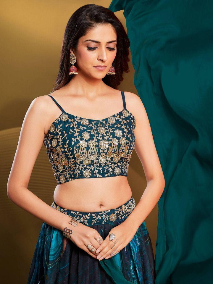 Teal Blue Sequins Organza Party Wear Lehenga Choli
