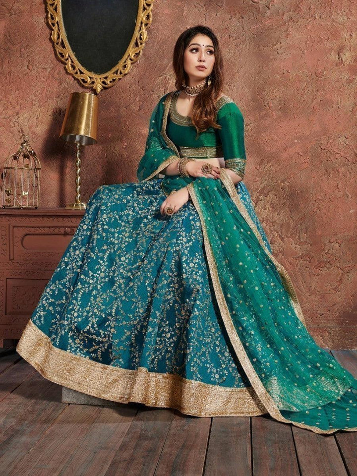 Teal Green Sequins Art Silk Wedding Wear Lehenga Choli