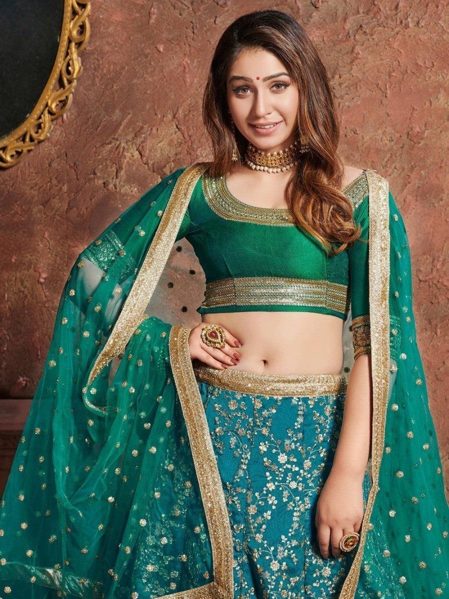 Green Sequins Art Silk Wedding Wear Lehenga Choli
