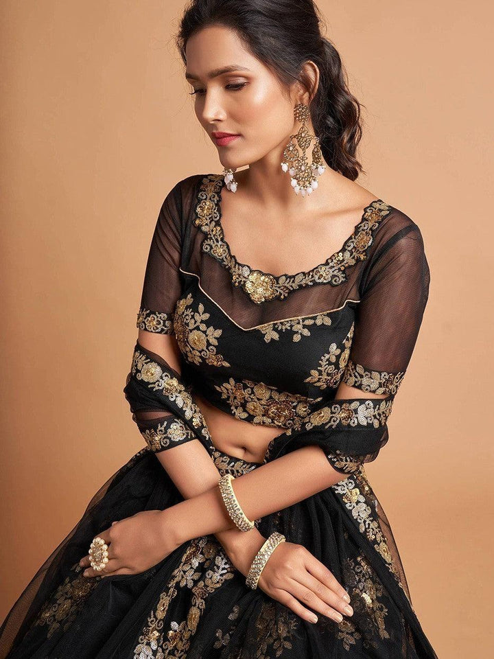 Fabulous Black Zari Embroidery Net Reception Wear Lehenga Choli