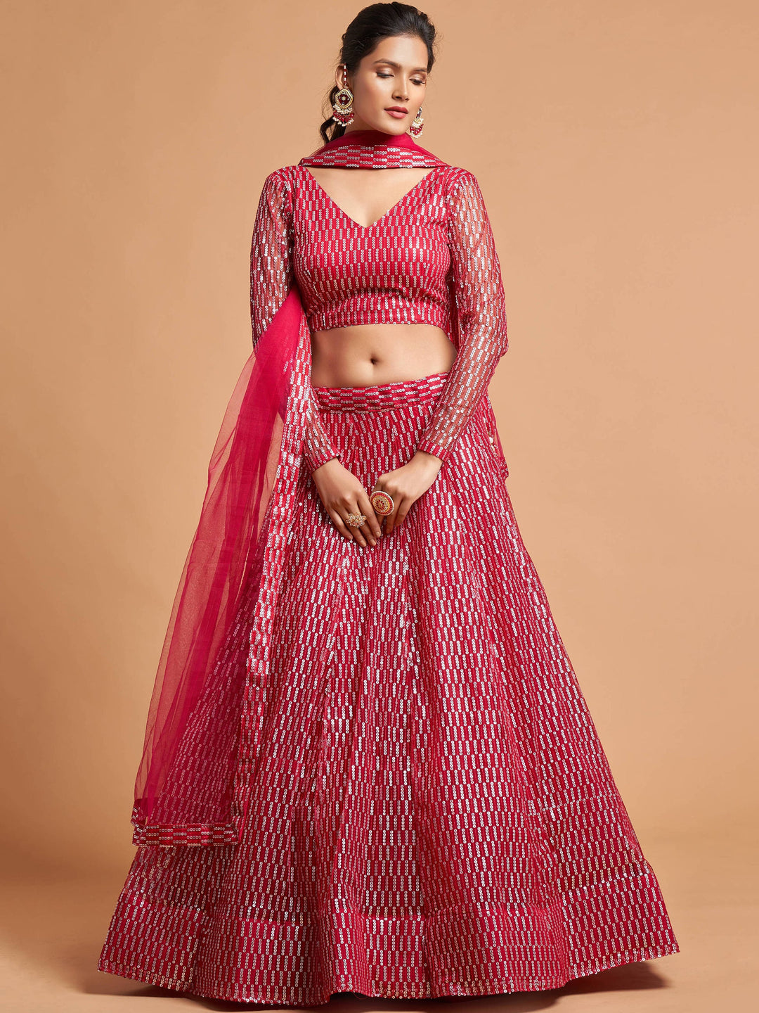 Superb Hot Pink Thread Embroidered Net Party Wear Lehenga Choli