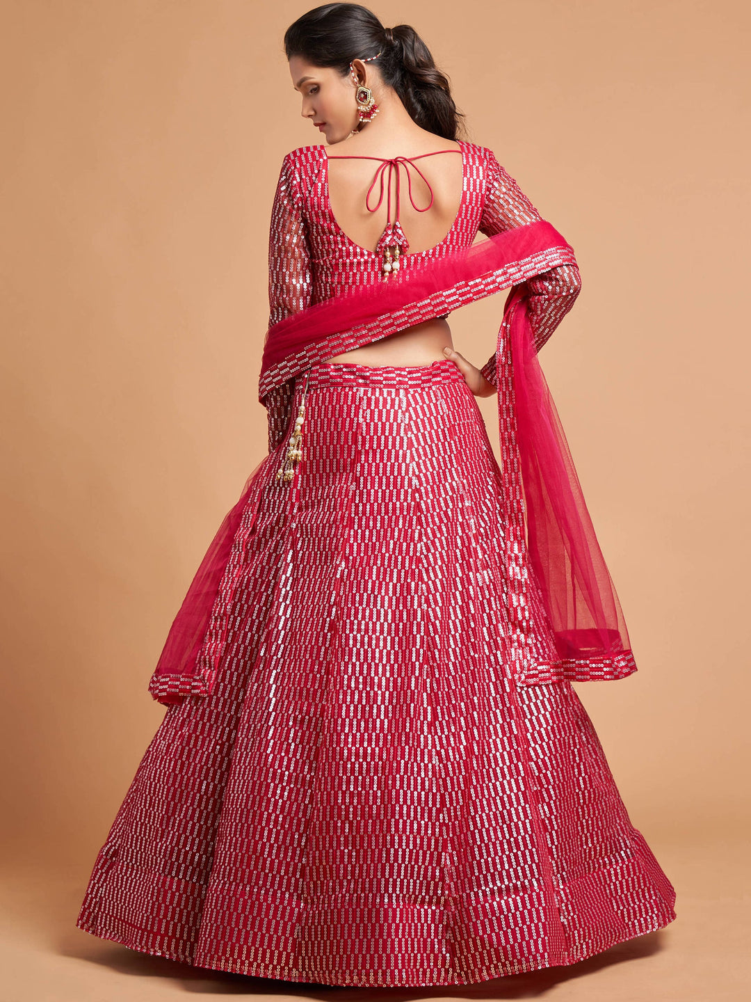 Hot Pink Thread Embroidered Net Party Wear Lehenga Choli
