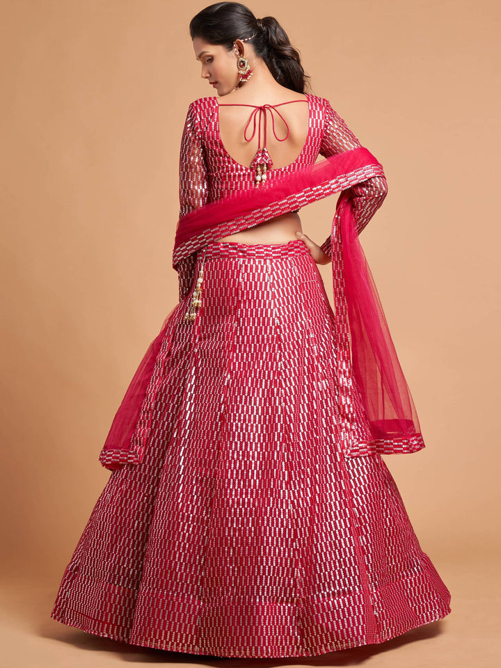 Hot Pink Thread Embroidered Net Party Wear Lehenga Choli