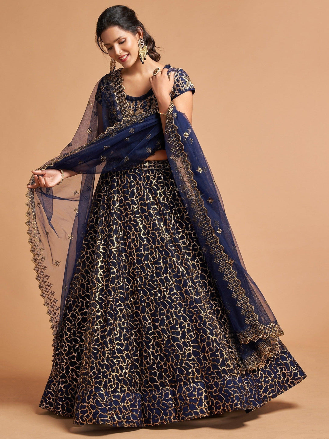 Navy Blue Thread Embroidered Net Party Wear Lehenga Choli