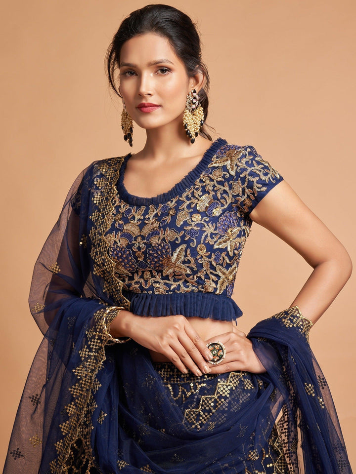 Wonderful Navy Blue Thread Embroidered Net Party Wear Lehenga Choli