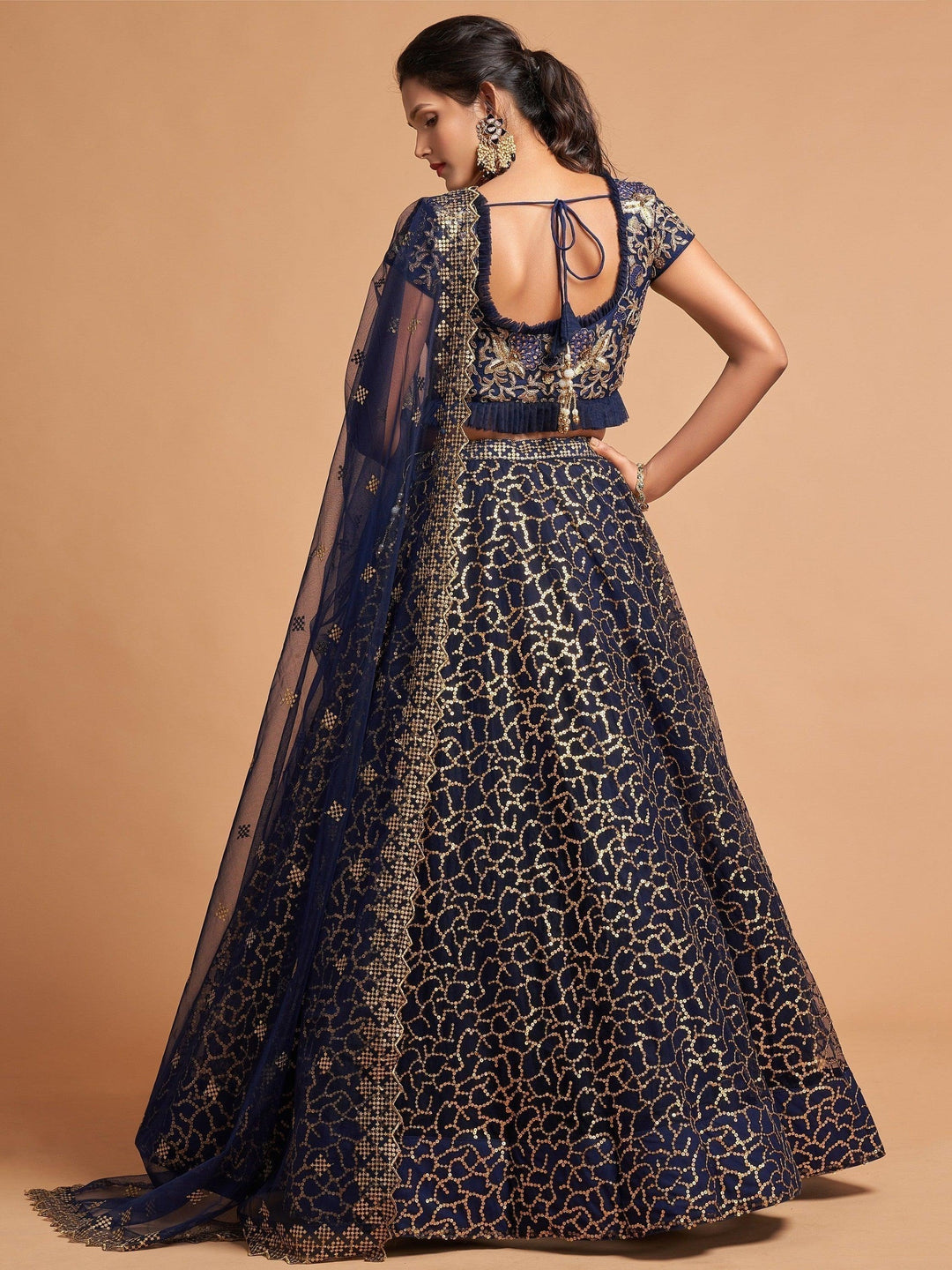 Wonderful Navy Blue Thread Embroidered Net Party Wear Lehenga Choli