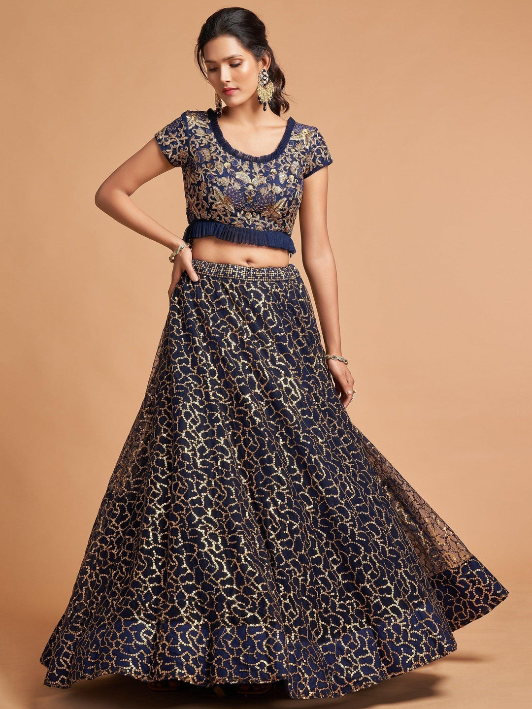 Wonderful Navy Blue Thread Embroidered Net Party Wear Lehenga Choli