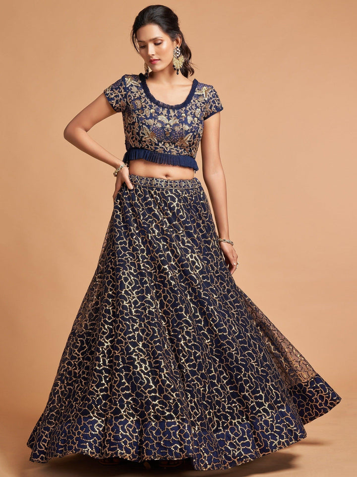 Wonderful Navy Blue Thread Embroidered Net Party Wear Lehenga Choli