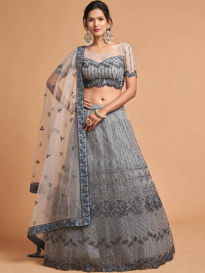 Grey Zari Embroidered Net Party Wear Lehenga Choli