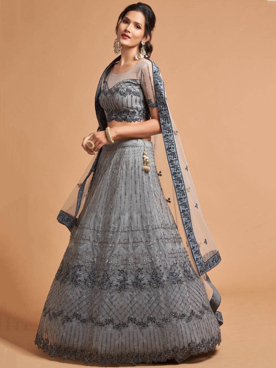 Grey Zari Embroidered Net Party Wear Lehenga Choli