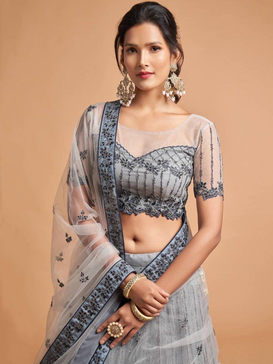 Grey Zari Embroidered Net Party Wear Lehenga Choli