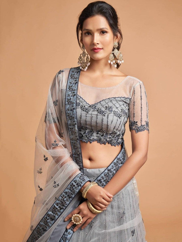 Grey Zari Embroidered Net Party Wear Lehenga Choli