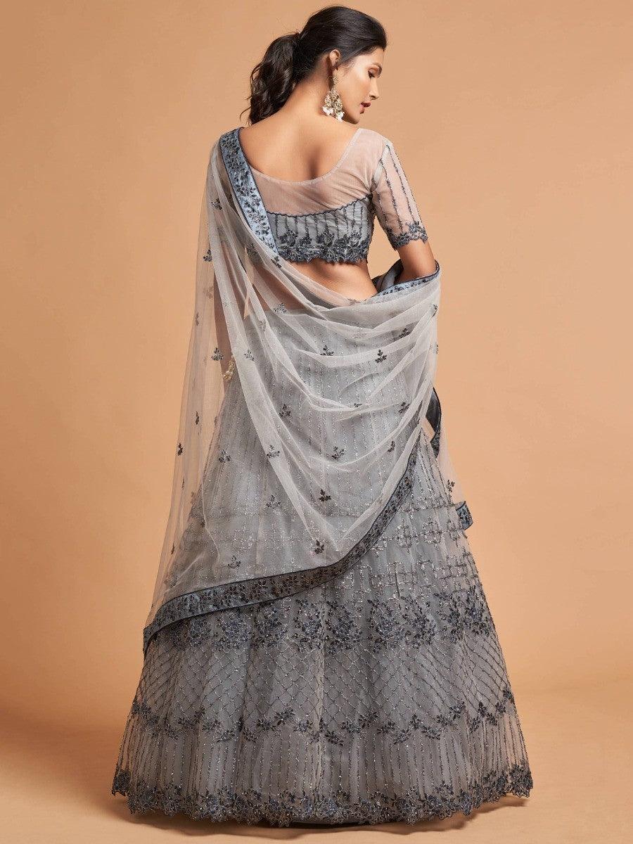 Grey Zari Embroidered Net Party Wear Lehenga Choli