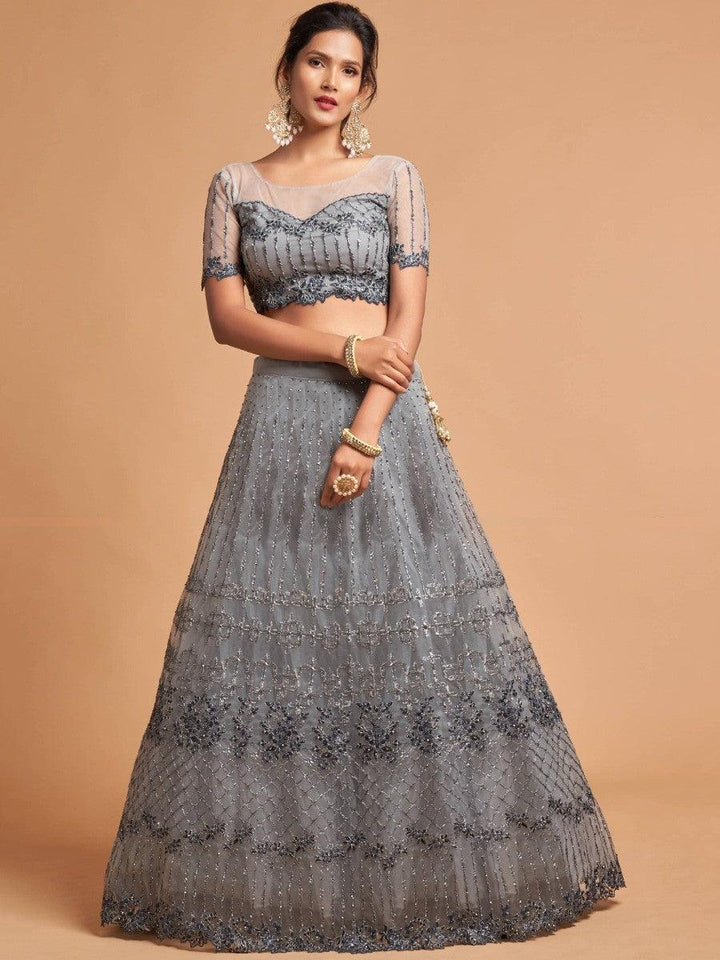Grey Zari Embroidered Net Party Wear Lehenga Choli