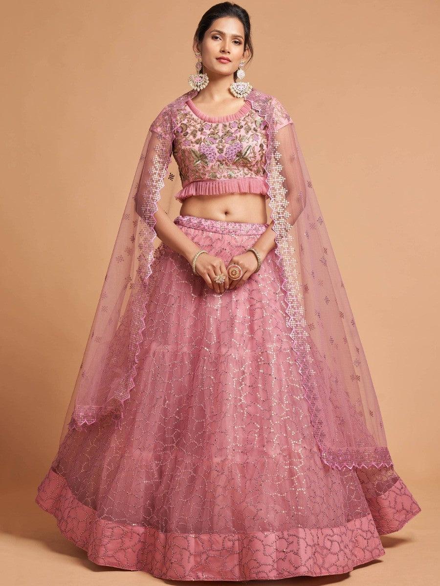 Unique Blush Pink Thread Embroidered Net Party Wear Lehenga Choli