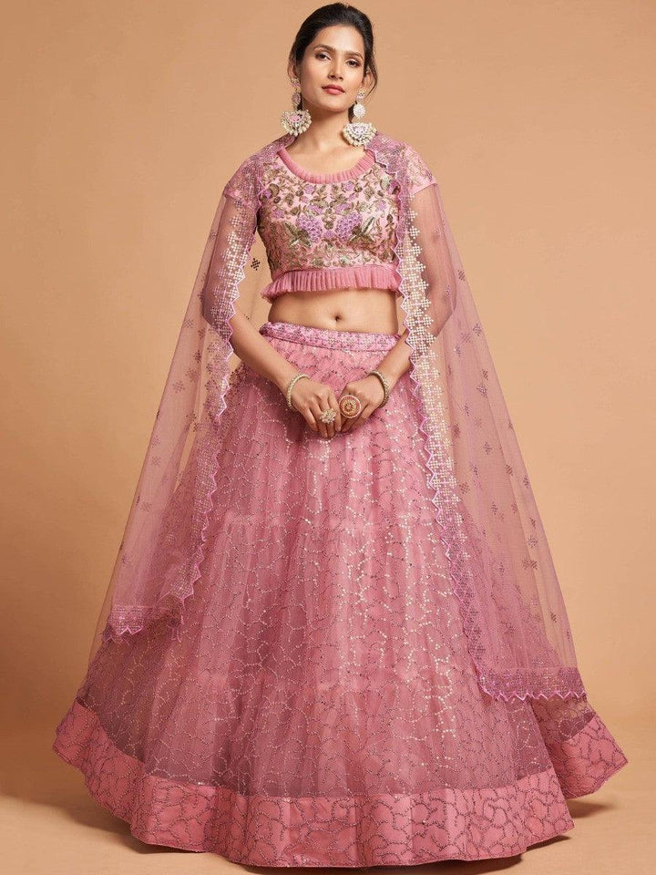 Unique Blush Pink Thread Embroidered Net Party Wear Lehenga Choli