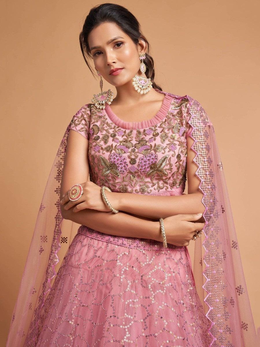 Unique Blush Pink Thread Embroidered Net Party Wear Lehenga Choli