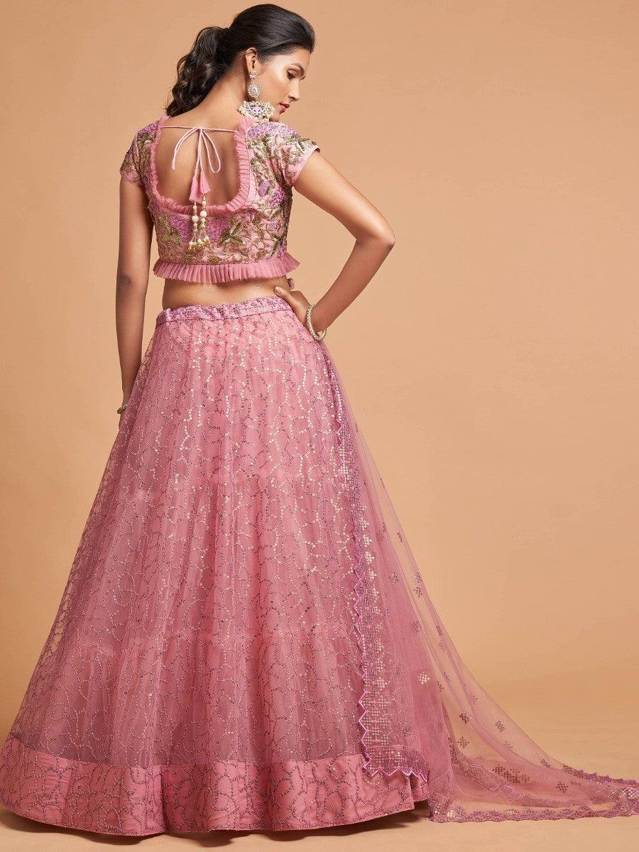 Unique Blush Pink Thread Embroidered Net Party Wear Lehenga Choli