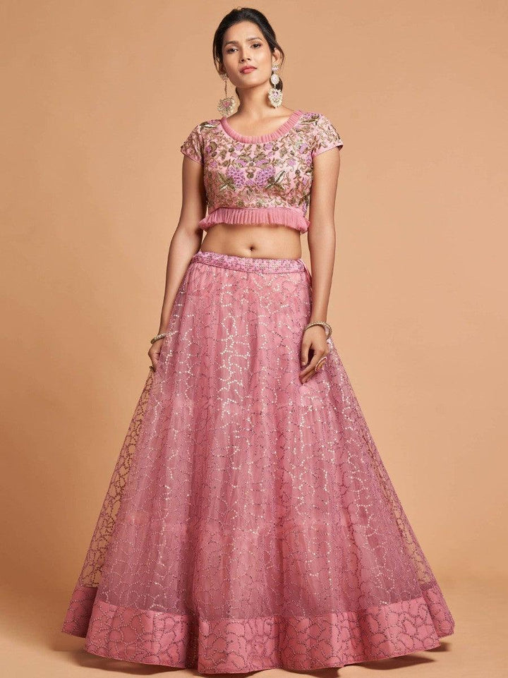Unique Blush Pink Thread Embroidered Net Party Wear Lehenga Choli